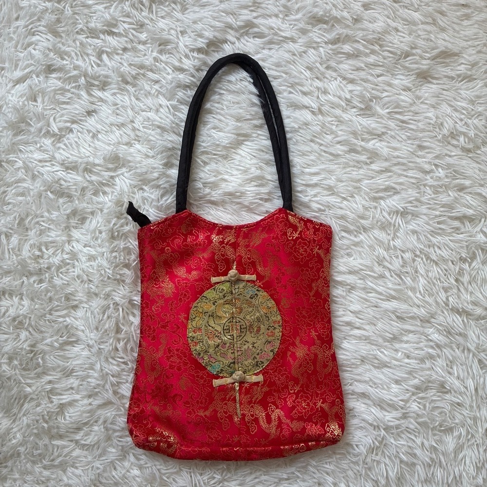 Y2K For Nine Red Gold Brocade Dragon Tote Bag Chinese Style Shoulder Bag Zip Top